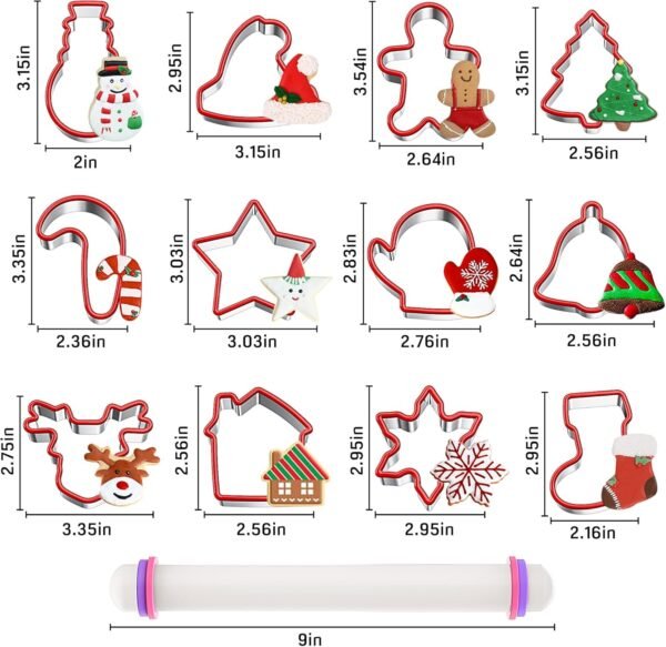 12 Pcs Christmas Cookie Cutters Set, Holiday Cookie Cutters Stainless Steel Cookie Cutters Christmas Shapes with Grip and Rolling Pin, Snowflake, Gingerbread, etc for Xmas Party Supplies Baking Gifts - Image 4