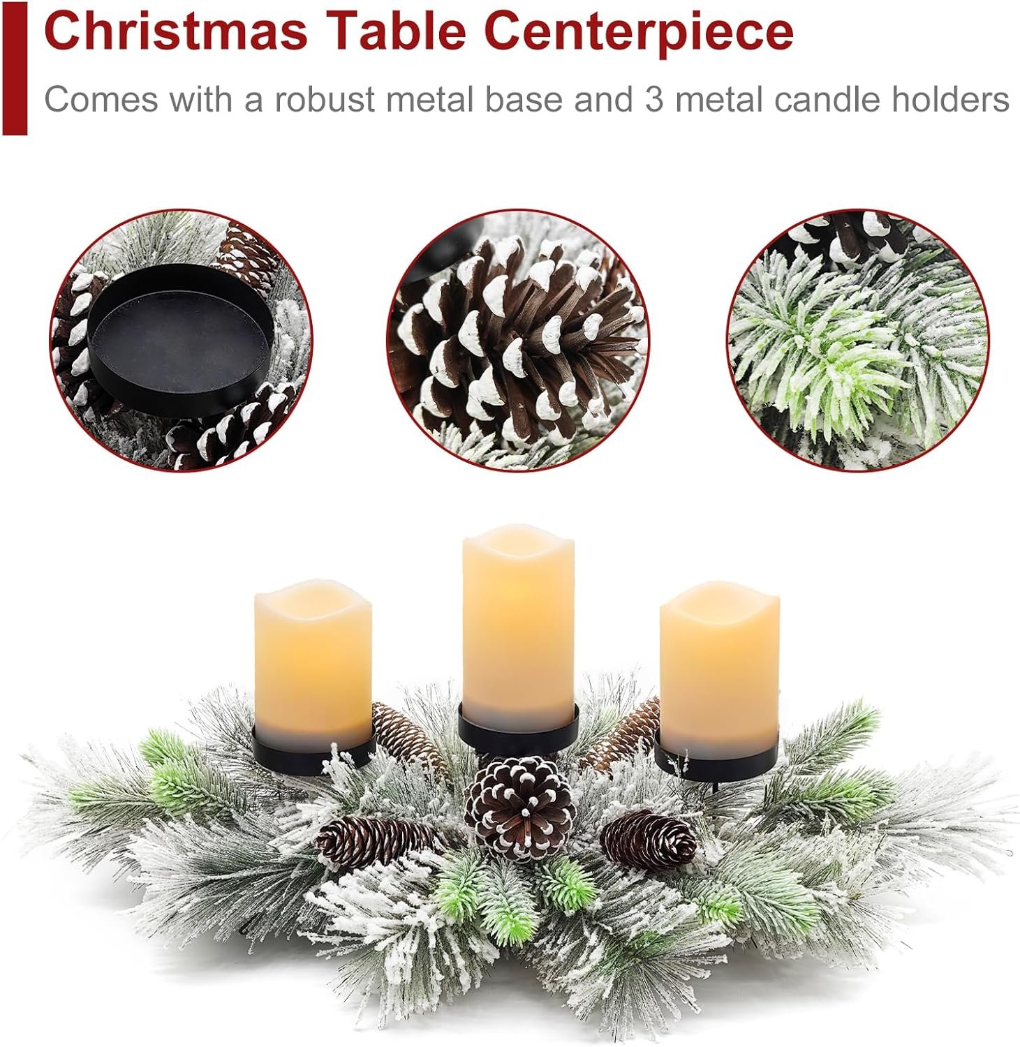 BAYN Christmas Centerpiece Table Decorations, Handcrafted Snowy Pine Cones and Pine Needles with 3 Candle Holders for Dining Table Fireplace Mantel - 27.5 in - Image 6
