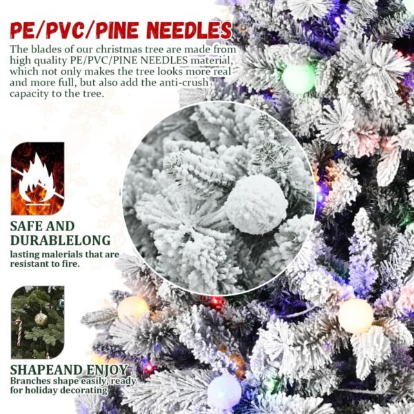 8FT Prelit Flocked Christmas Tree with 470 Two Color LED Lights and 45 Colorful Bauble Lights, 10 Flashing Modes, Pre Lit Artificial Christmas Tree with Snow and Memory Wire Technology for Holiday - Image 5