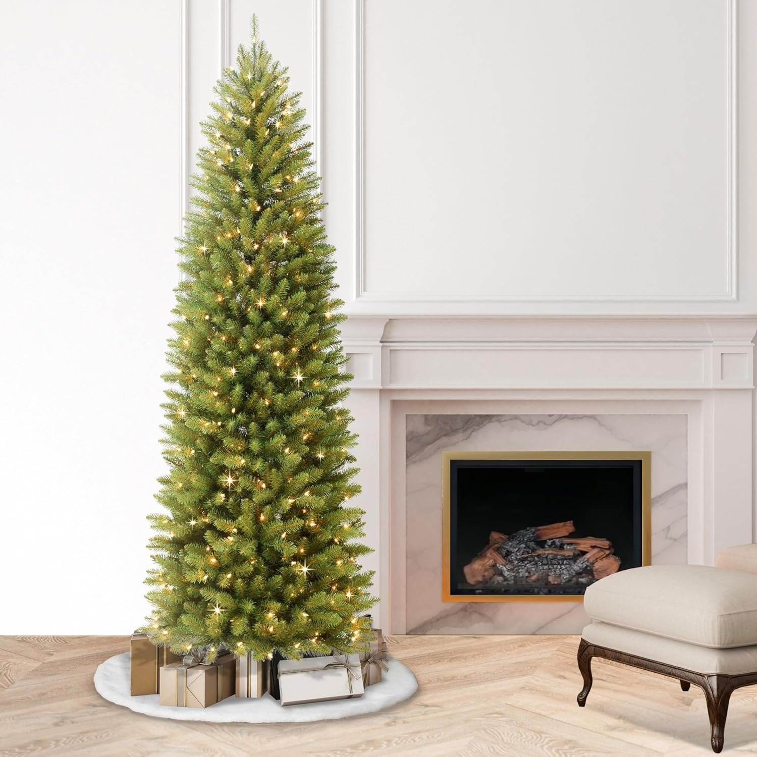 Puleo International 7.5 Foot Pre-Lit Fraser Fir Pencil Artificial Christmas Tree with 350 UL Listed Clear Lights, Green, 32 x 32 x 90 inches - Image 8