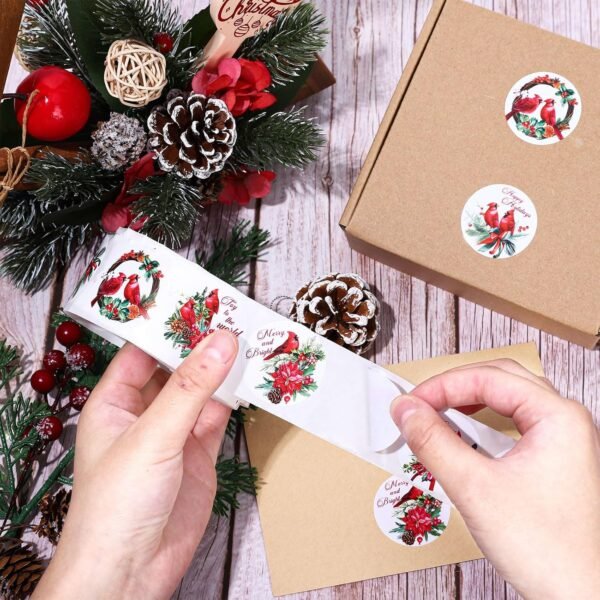 Whaline 1000Pcs Merry Christmas Stickers Roll 8 Designs Cardinal Red Bird Decals Assorted Xmas Adhesive Decorative Stickers Round Seal Decals for Gift Greeting Card Party Holiday Supplies - Image 4