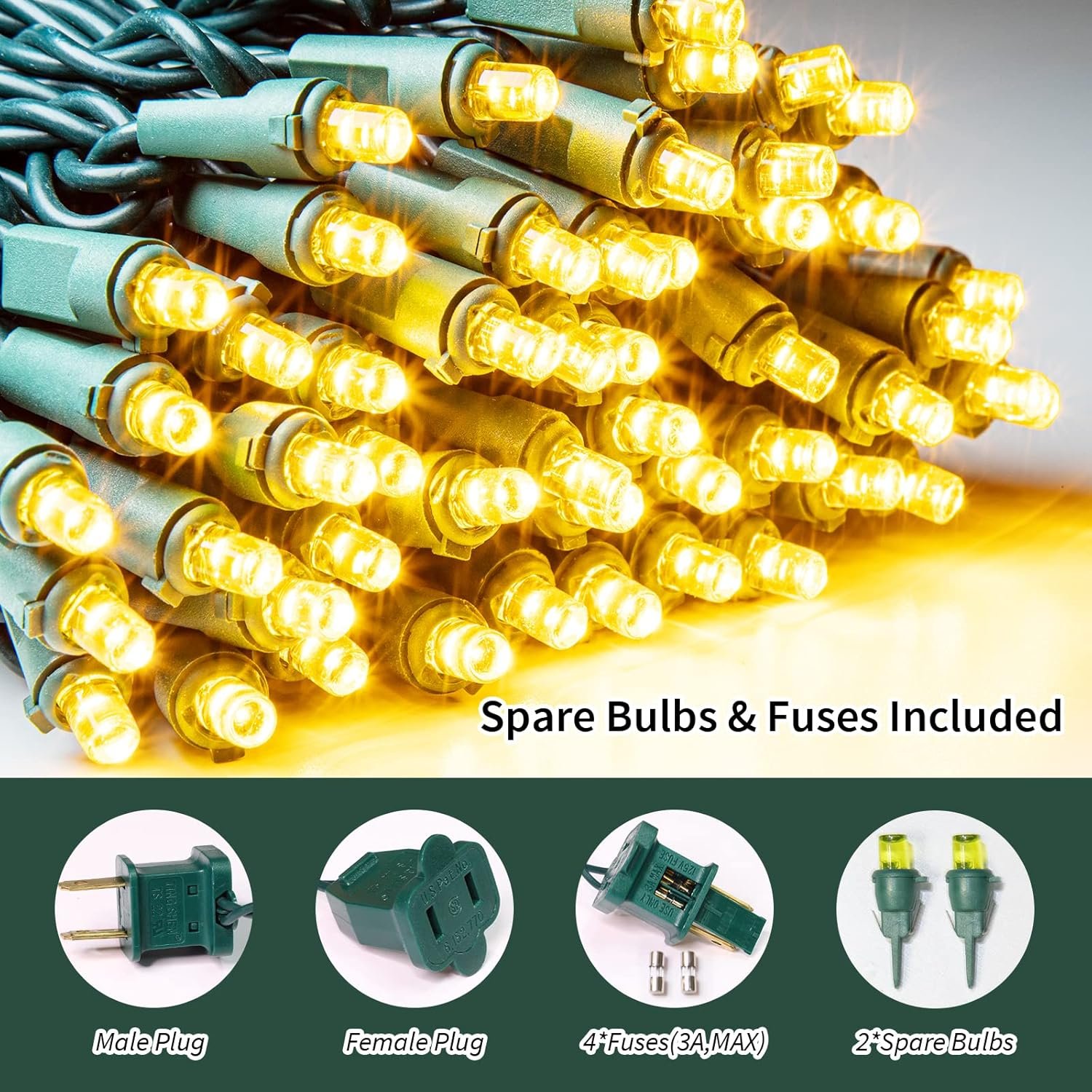 Yellow Wide Angle LED String Lights, 64.8 Ft 300 Count, Pack of 3 Strands 21.9 Ft 100 Lights UL Certified Commercial Grade Green Wire 5mm Holiday String Light - Image 5