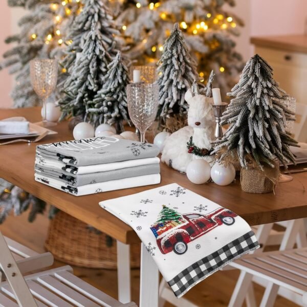 4 Pack Christmas Kitchen Towels, Black White Buffalo Plaid Christmas Dish Towels 18 x 26 Inch, Xmas Trees Truck Farmhouse Christmas Hand Towels for Kitchen Home Winter Holiday Decorations - Image 4