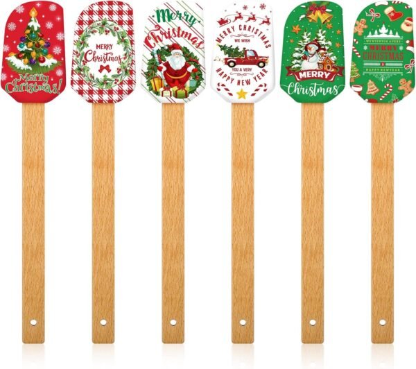 Patelai Christmas Silicone Spatula Xmas Cake Spatula with Wooden Handle Snowmen Pancake Spatula Cute Pan Scraper Xmas Dish Scraper Cooking Spatulas for Kitchen Mixing Cooking (Cute Style,6 Pieces) - Image 2