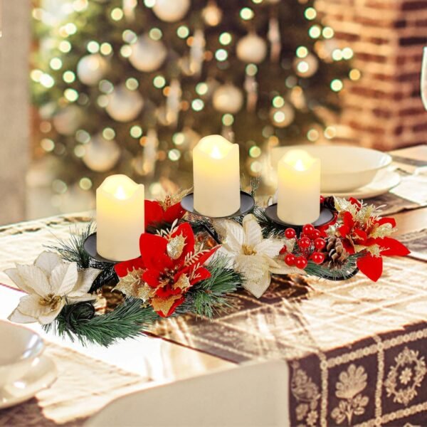 Joliyoou Christmas Tabletop Centerpieces, Metal Candle Holder with 3 Flameless Candles Lights, Poinsettia Adorned Candelabrum for Xmas Holiday Table Mantle Decoration, 17.5 x 9.8 x 4.7 Inch - Image 7