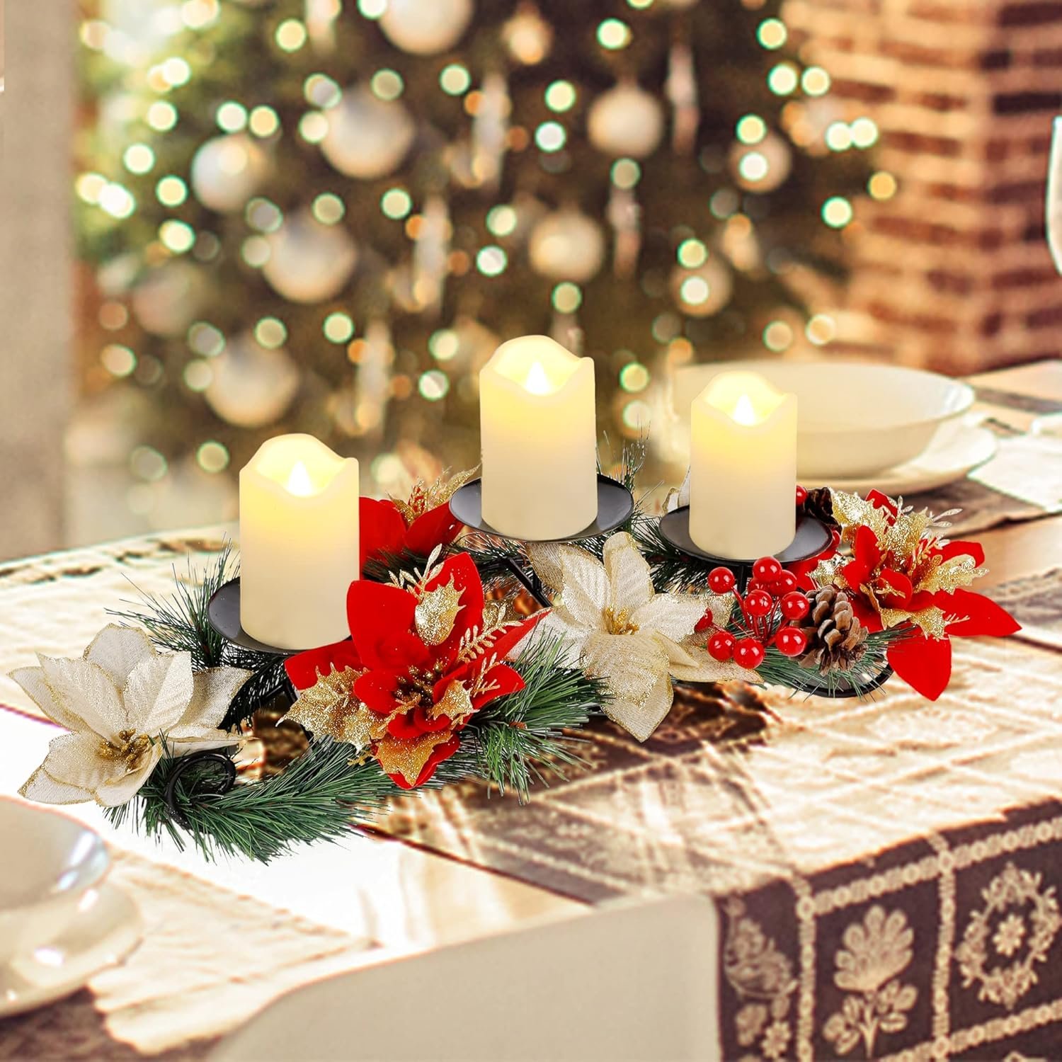 Joliyoou Christmas Tabletop Centerpieces, Metal Candle Holder with 3 Flameless Candles Lights, Poinsettia Adorned Candelabrum for Xmas Holiday Table Mantle Decoration, 17.5 x 9.8 x 4.7 Inch - Image 7