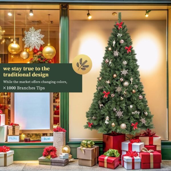 6ft Christmas Tree, Artificial Xmas Tree with 1000 Branch Tips Holiday Party Decorations 1 Minute Christmas Tree for Home Office Easy Assembly, Reusable, Metal Hinges & Foldable Base - Image 7