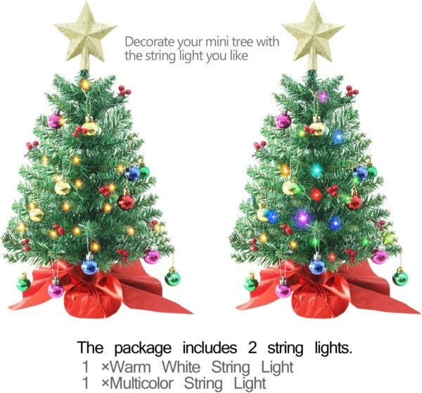 24 Inch Tabletop Christmas Tree, Artificial Mini Xmas Pine Tree with LED String Lights and Ornaments,Christmas Decoration Tree Decor - Image 6