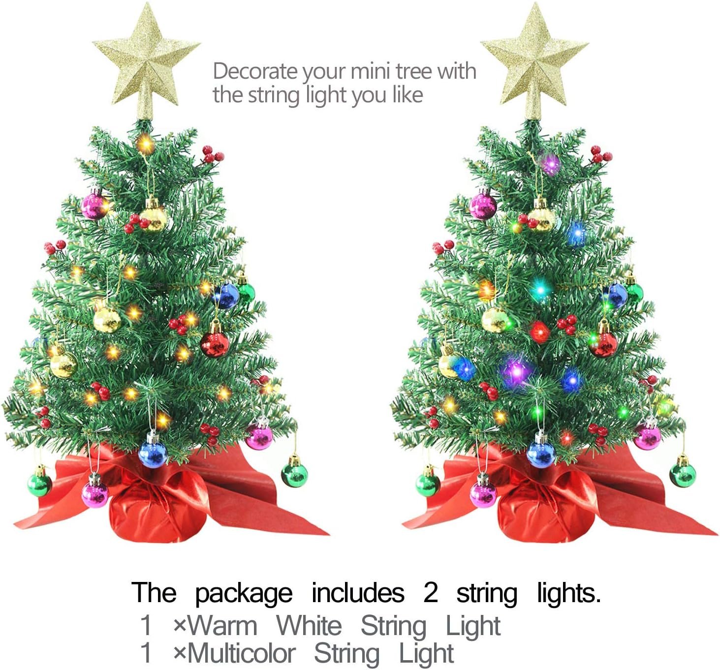 24 Inch Tabletop Christmas Tree, Artificial Mini Xmas Pine Tree with LED String Lights and Ornaments,Christmas Decoration Tree Decor - Image 6