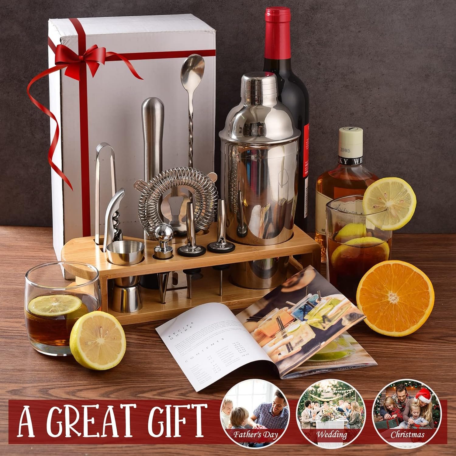 Cocktail Shaker Set Bartender Kit : 12-Piece Bar Tool Set with Bamboo Stand | Bar Set with All Practical Bar Accessories, for Drink Mixing, Bar, Home, Lounge & Party (Silver) - Image 8