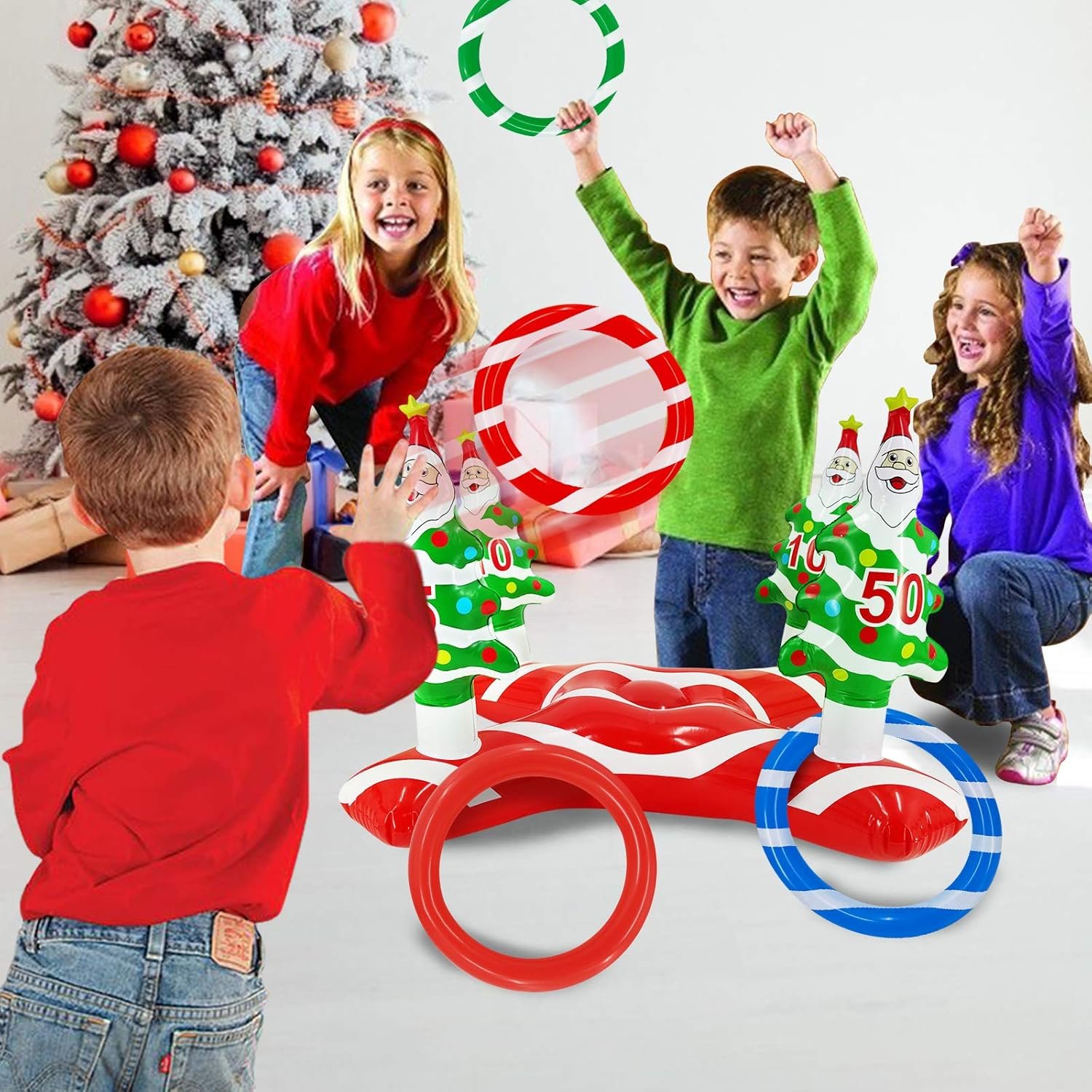TURNMEON Giant Inflatable Christmas Tree Ring Toss Party Game Toys Kids Adults Family Stocking Stuffers Christmas Party Supplies Favors Decoration Indoor Outdoor Games(4 Score Santa Base, 4 Rings) - Image 7