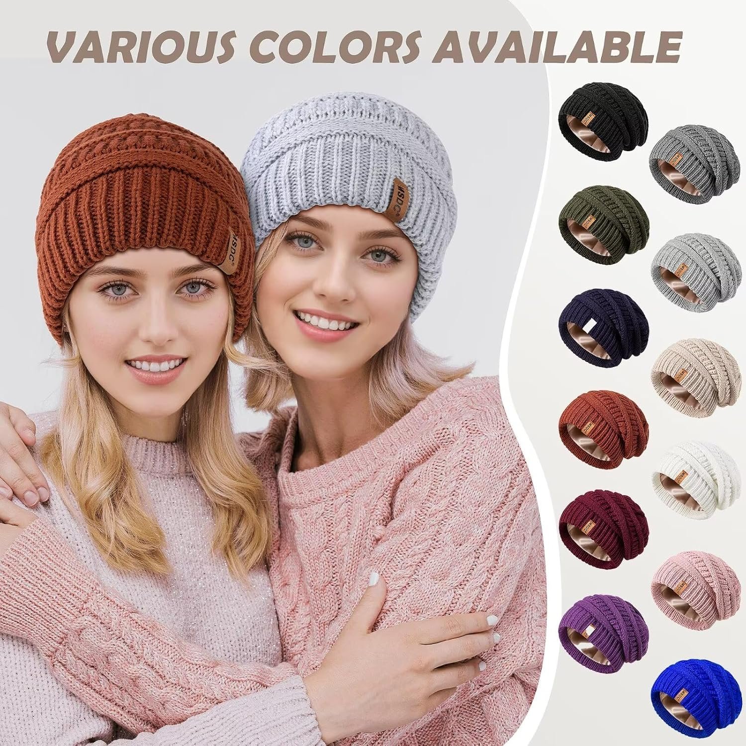 3 Pack Satin Lined Beanie for Women, Warm Slouchy Winter Hats with Silk Lined, Fashionable Oversized Cable Knit Hat Skull Cap - Image 7