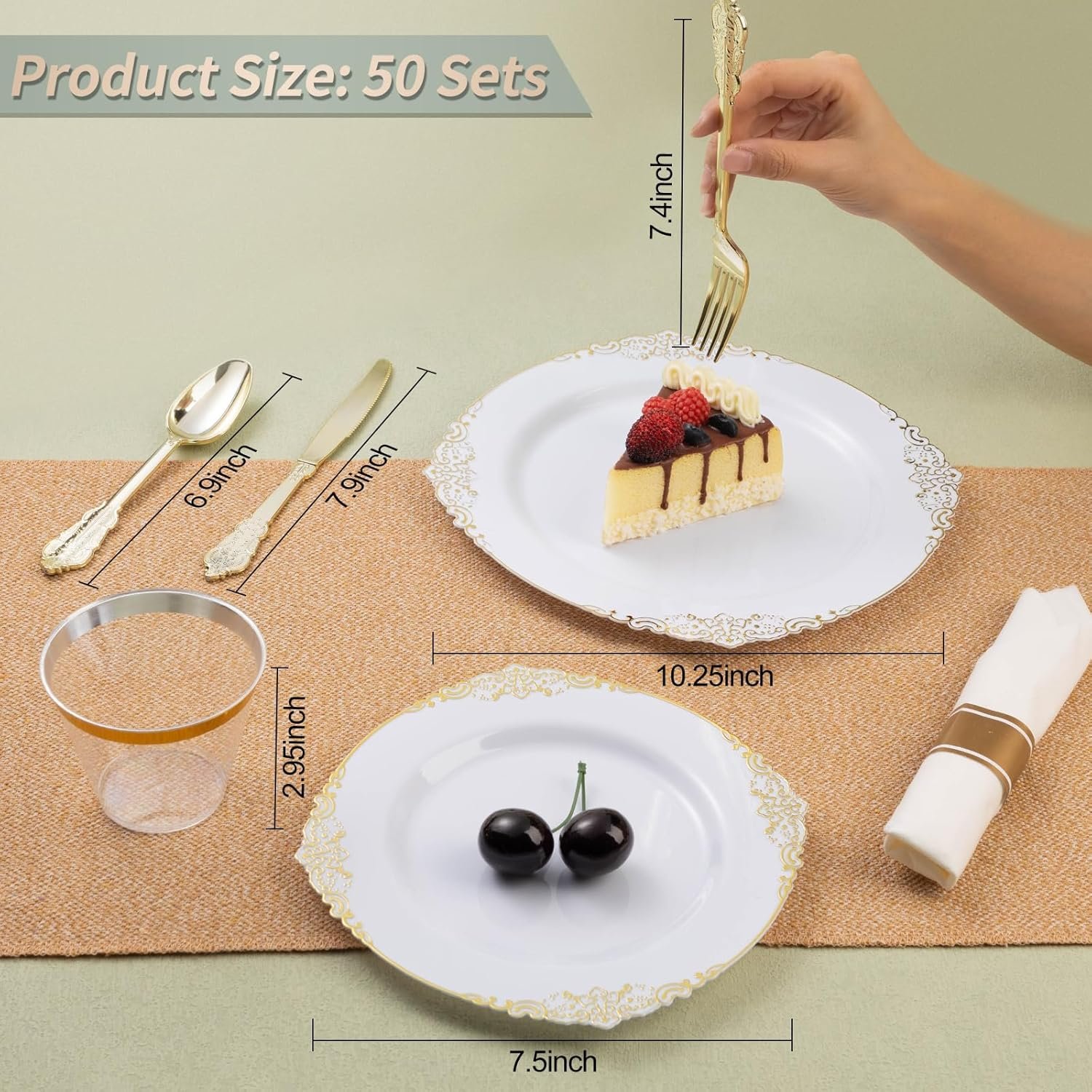 350PCS Gold Plastic Plates for 50 Guests, Disposable Dinnerware Sets Include 100 Gold Rim Plastic Plates, 50 Silverware, 50 Pre Rolled Napkins for Party, Wedding, Birthday and Thanksgiving - Image 3