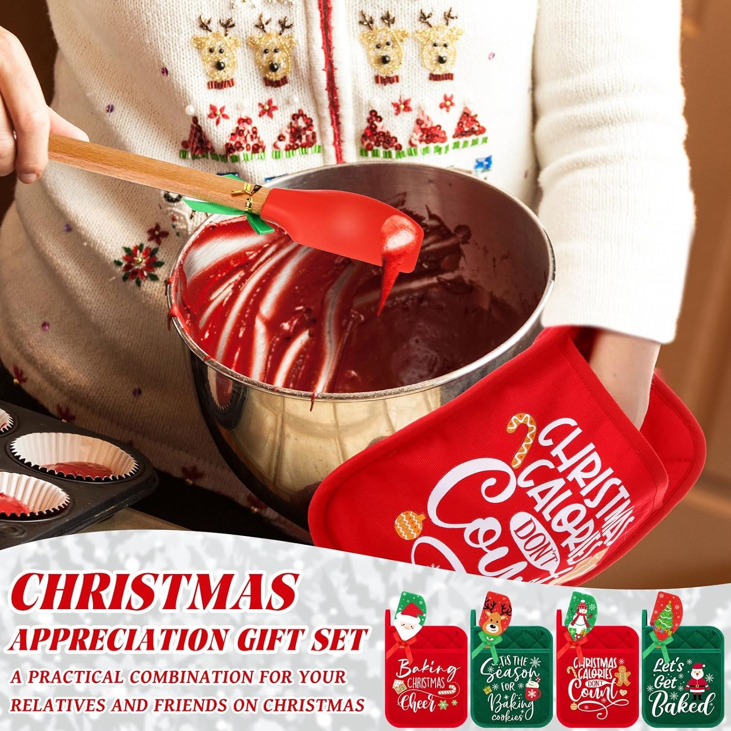 24 Pcs Christmas Pot Holders and Silicone Spatula Set Christmas Hot Pads with Pocket Xmas Scraper with Wooden Handle Heat Resistant Oven Mitt Cookie Bag for Baking Cooking Appreciation Gift - Image 6