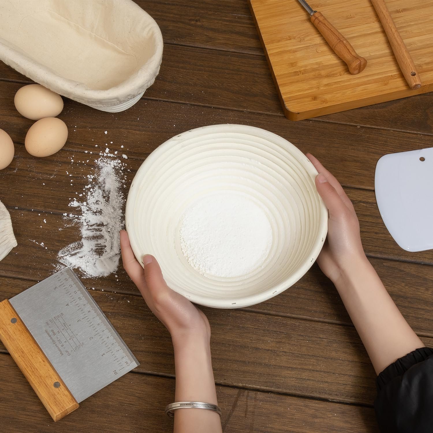 Banneton Bread Proofing Basket Set, 9 Inch Round &10 Inch Oval Sourdough Bread Baking Supplies with Linen Liner, Bread Lame, Silicone Bread Sling,Bowl Scraper,Bread Making Tools,Dough Scraper Kit - Image 6