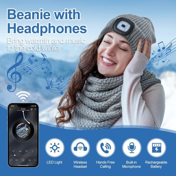 Stocking Stuffers for Adults Men, Bluetooth Beanie Hat with Light, Mens Gifts for Men Dad Him Grandpa Husband Christmas Grey - Image 4