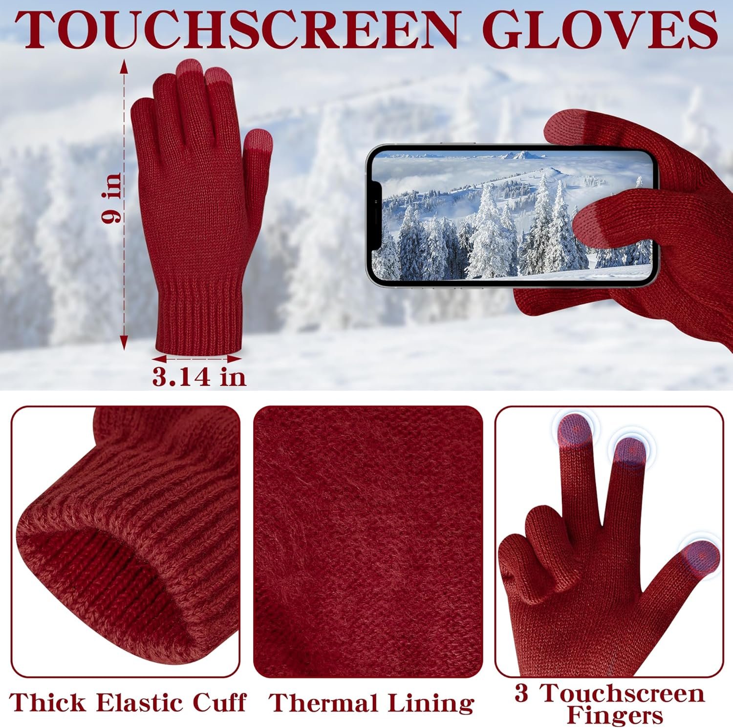 LOROME Women Winter Beanie Hat Scarf Gloves Set, Fleece Knitted Pompom Hat Warm Neck Scarf Touchscreen Gloves Winter Gift - Image 6