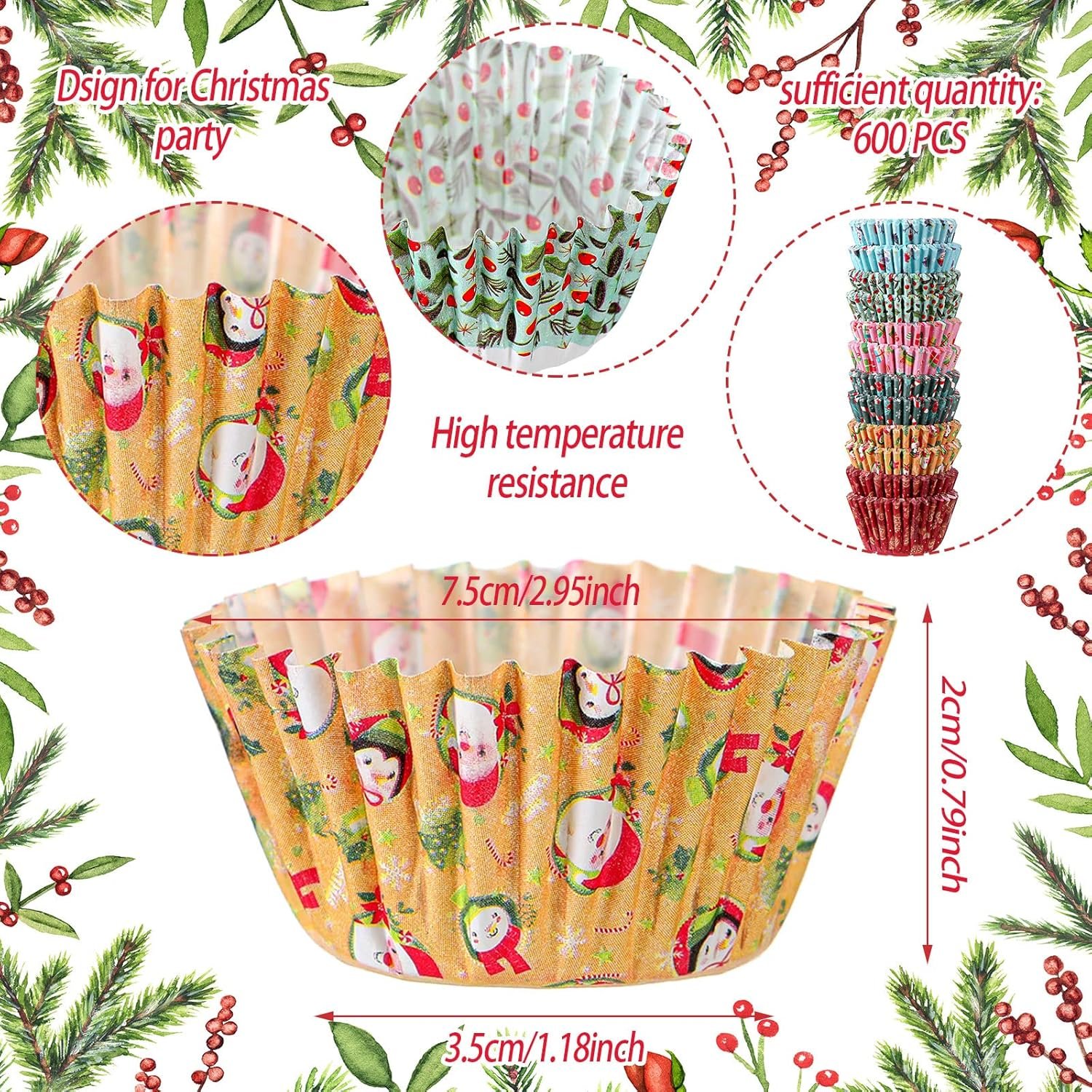 Gerrii 600 Pcs Christmas Candy Cups Paper Candy Making Supplies Santa Claus Snowman Baking Supplies Snowflake Elk Mini Cupcake Liner Xmas Mini Baking Cups Holiday Candy Paper Wrappers 6 Style(Fresh) - Image 3