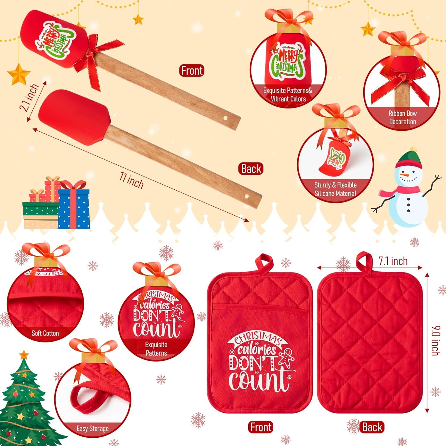R HORSE 3Pcs Christmas Pot Holder Baking Gift Kit with Silicone Spatula Greeting Card Xmas Funny Heat Resistant Oven Mitt Red Cookie Hot Pad for Xmas Kitchen Gift for Family Friend Colleague Employee - Image 3