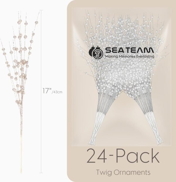 Sea Team 24-Pack Artificial Glitter Berry Stem Ornaments, Decorative Bead Sticks, Glittery Twigs, Picks, Branches for Christmas Tree, Small Vase, Holiday, Wedding, Party (17 Inches, Champagne) - Image 6