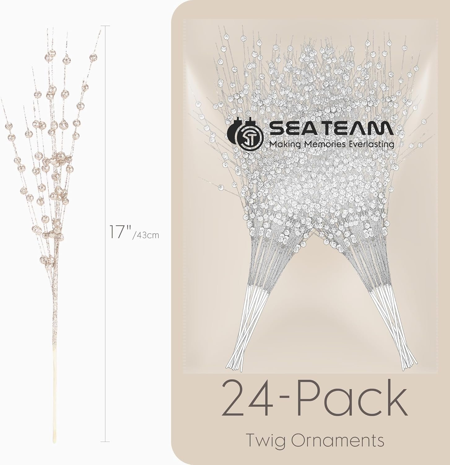 Sea Team 24-Pack Artificial Glitter Berry Stem Ornaments, Decorative Bead Sticks, Glittery Twigs, Picks, Branches for Christmas Tree, Small Vase, Holiday, Wedding, Party (17 Inches, Champagne) - Image 6