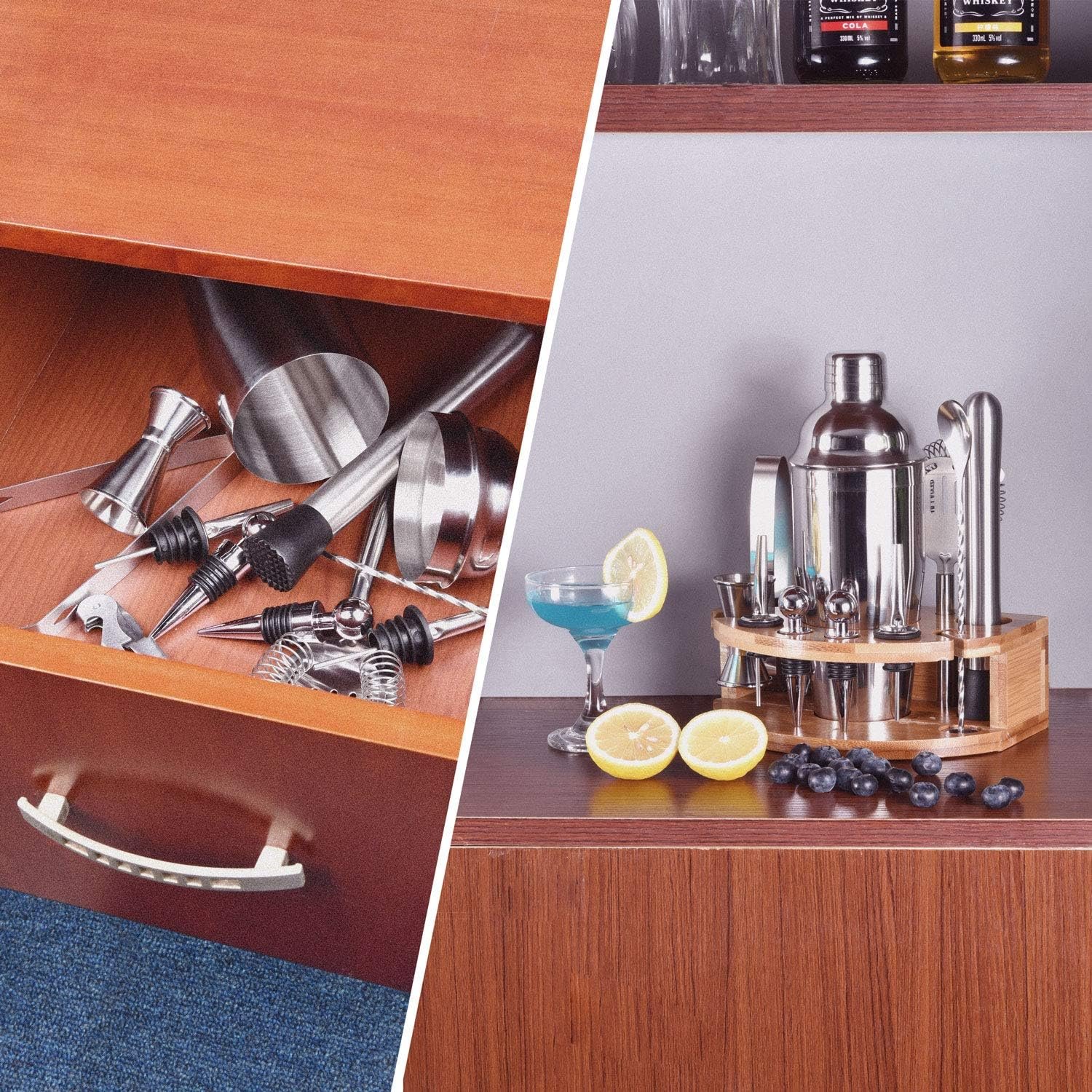 Bartender Kit with Stylish Bamboo Stand, 12 Piece 25oz Cocktail Shaker Set for Mixed Drink, Professional Stainless Steel Bar Tool Set, Gift for Man Dad- Cocktail Recipes Booklet (Silver) - Image 5