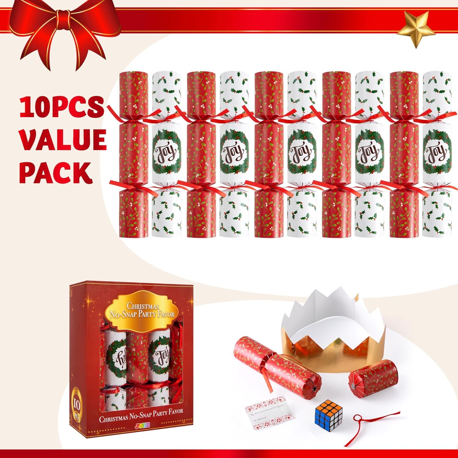 JOYIN 10 Pack Christmas No Snap Party Table Favor with Classic Christmas Design, with Party Hat, Joke & Little Gift Inside, for Xmas Gift, Christmas Seasonal Holiday Dinner Traditions - Image 3