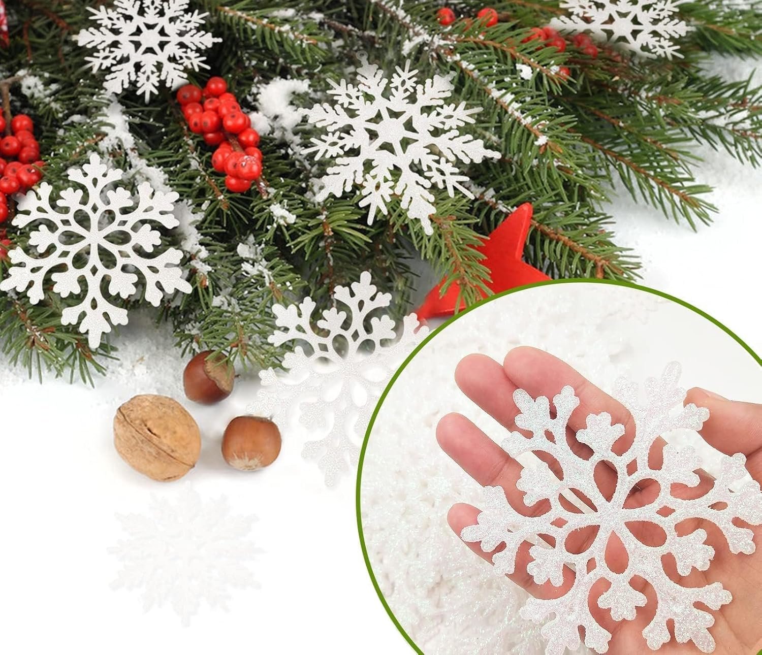 36pcs Snowflakes-Christmas Tree Decorations, Snowflake Ornaments for Tree, Plastic Glitter White Snow Flakes Ornaments, Christmas Indoor Winter Wonderland Decor - Image 6