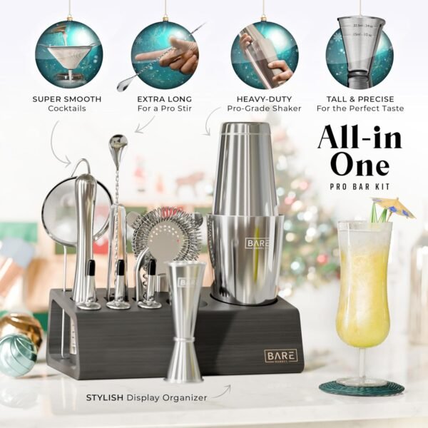 BARE BARREL® Mixology Bartender Kit Bar Set | 14-Piece Cocktail Shaker Set | Martini Barware Mixing Tools for Home Bartending | Incl. 35 Recipe Cards | Gift Set (28oz Boston Shaker, Silver/Black) - Image 3