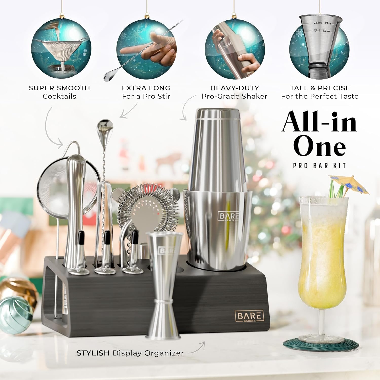 BARE BARREL® Mixology Bartender Kit Bar Set | 14-Piece Cocktail Shaker Set | Martini Barware Mixing Tools for Home Bartending | Incl. 35 Recipe Cards | Gift Set (28oz Boston Shaker, Silver/Black) - Image 3