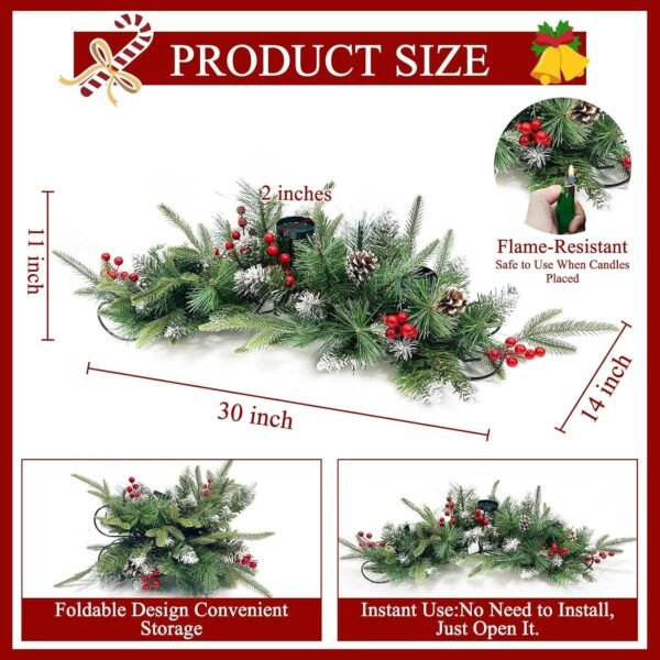 30 Inch Pre-lit Artificial Christmas Candle Holder Centerpiece with 3 Candle Holders Snowy Pine Cones Red Berries, Realistic-Feel Tips Christmas Table Accent Centerpiece for Festival Home Decoration - Image 4