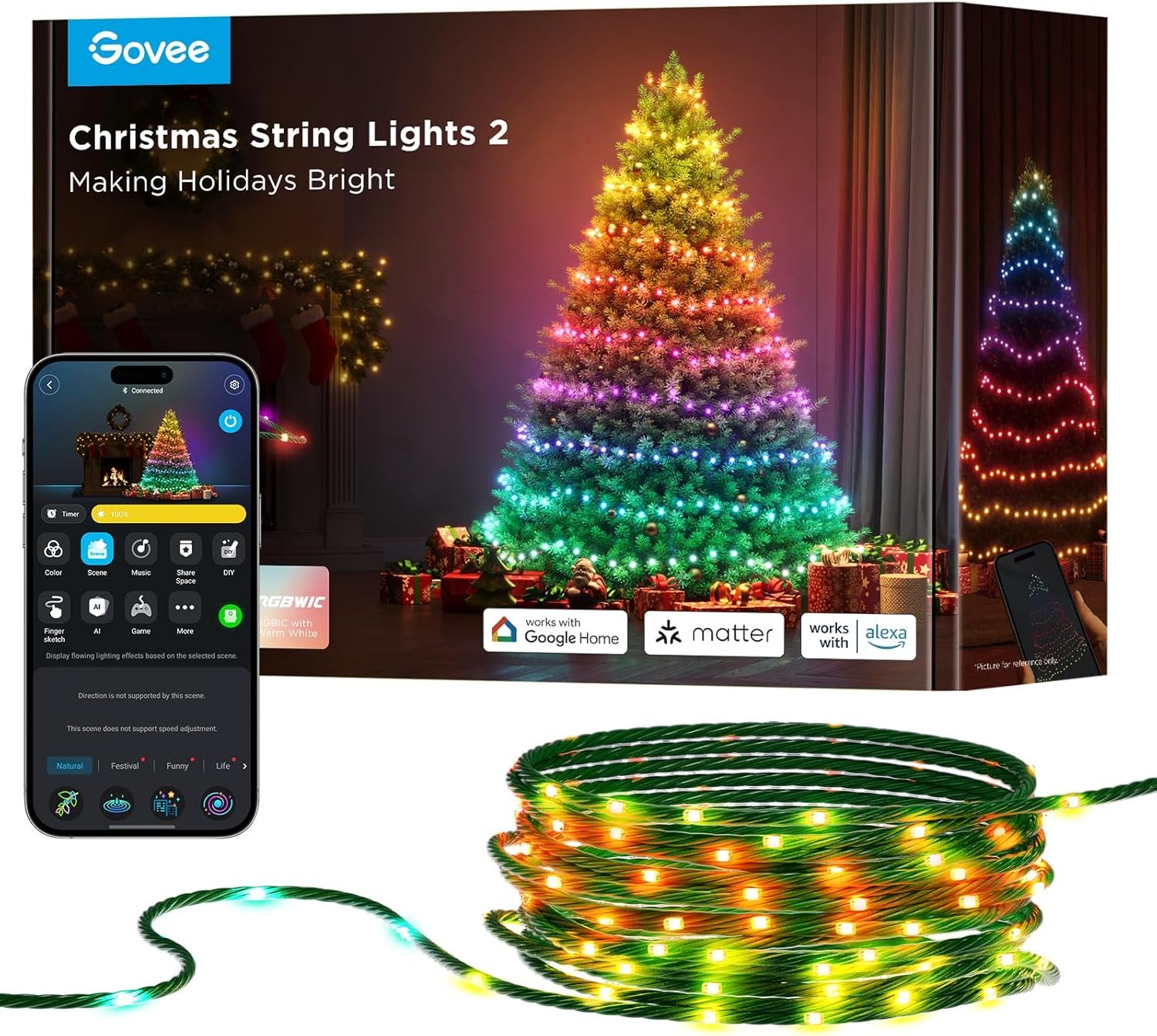Govee Christmas Lights 2, RGBWIC 99FT 300LEDs Christmas Tree Lights with Shape Mapping Function, Smart Holiday String Lights for Christmas Decor, 130+ Preset Scenes, Voice and APP Control, Green Wire - Image 2