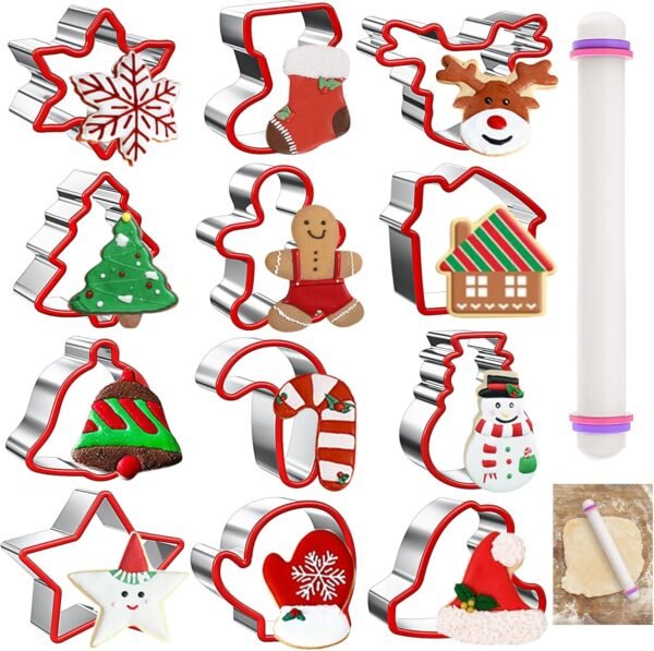 12 Pcs Christmas Cookie Cutters Set, Holiday Cookie Cutters Stainless Steel Cookie Cutters Christmas Shapes with Grip and Rolling Pin, Snowflake, Gingerbread, etc for Xmas Party Supplies Baking Gifts - Image 2
