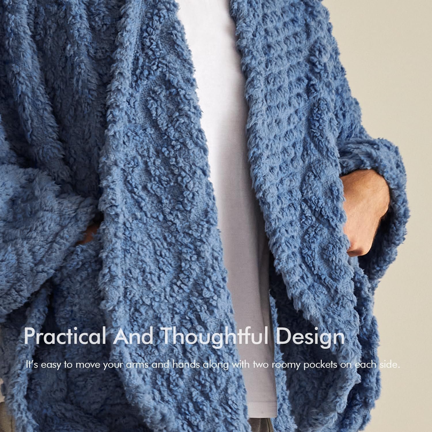 Royoliving Fuzzy Sherpa Wearable Fleece Blanket with Pockets for Adults, Ultra Soft Plush Shawl TV Throw Blankets (Denim, 58'' x 64'') - Image 4