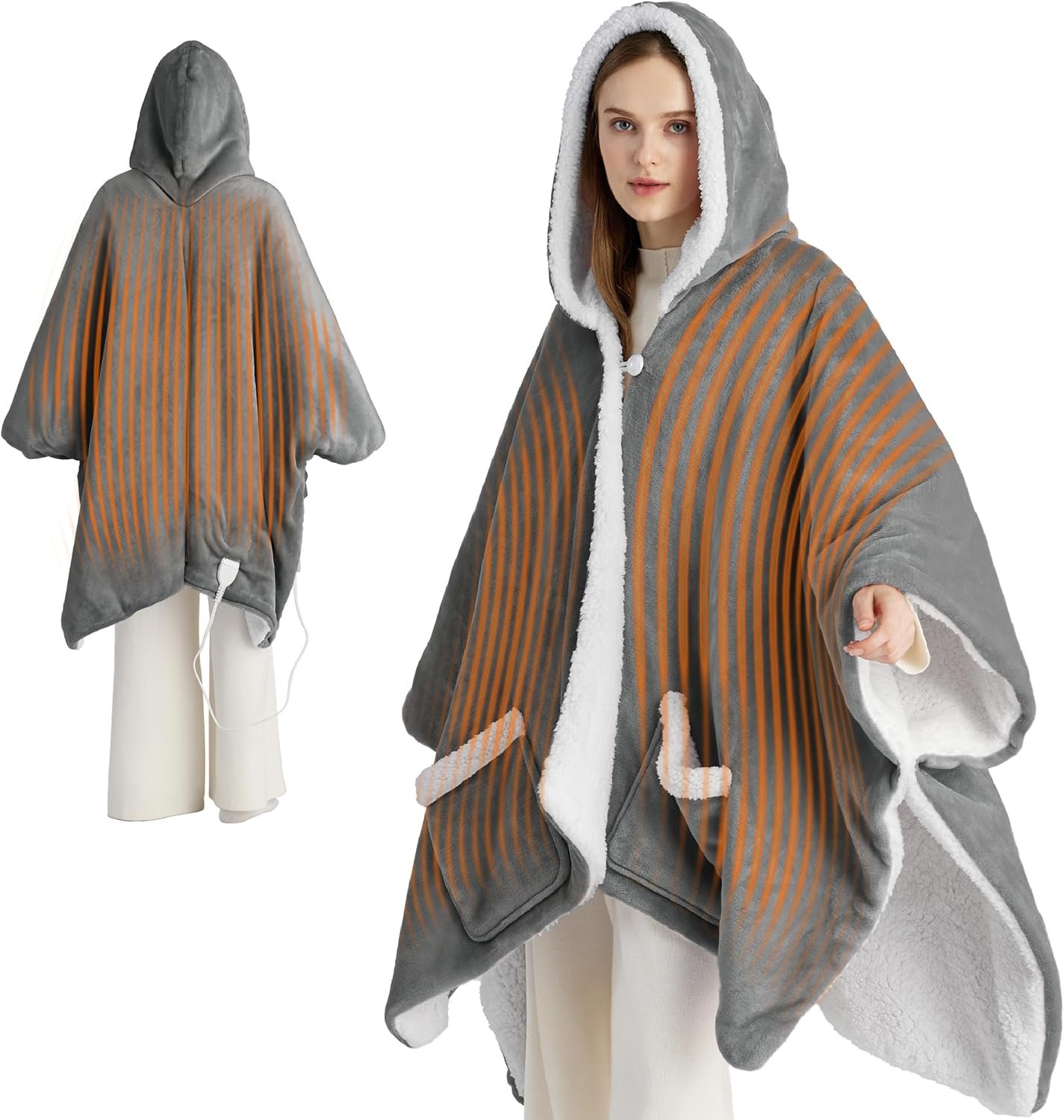Bedsure Heated Blanket Wearable Shawl - Electric Wrap Poncho Blanket Hoodie for Adult, Winter Gifts for Mom Women Girlfriend Grandma, Warm Sherpa Heating Throw, Auto Shut Off, 50x64 inches, Grey - Image 2