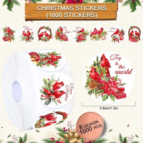 Whaline 1000Pcs Merry Christmas Stickers Roll 8 Designs Cardinal Red Bird Decals Assorted Xmas Adhesive Decorative Stickers Round Seal Decals for Gift Greeting Card Party Holiday Supplies - Image 3