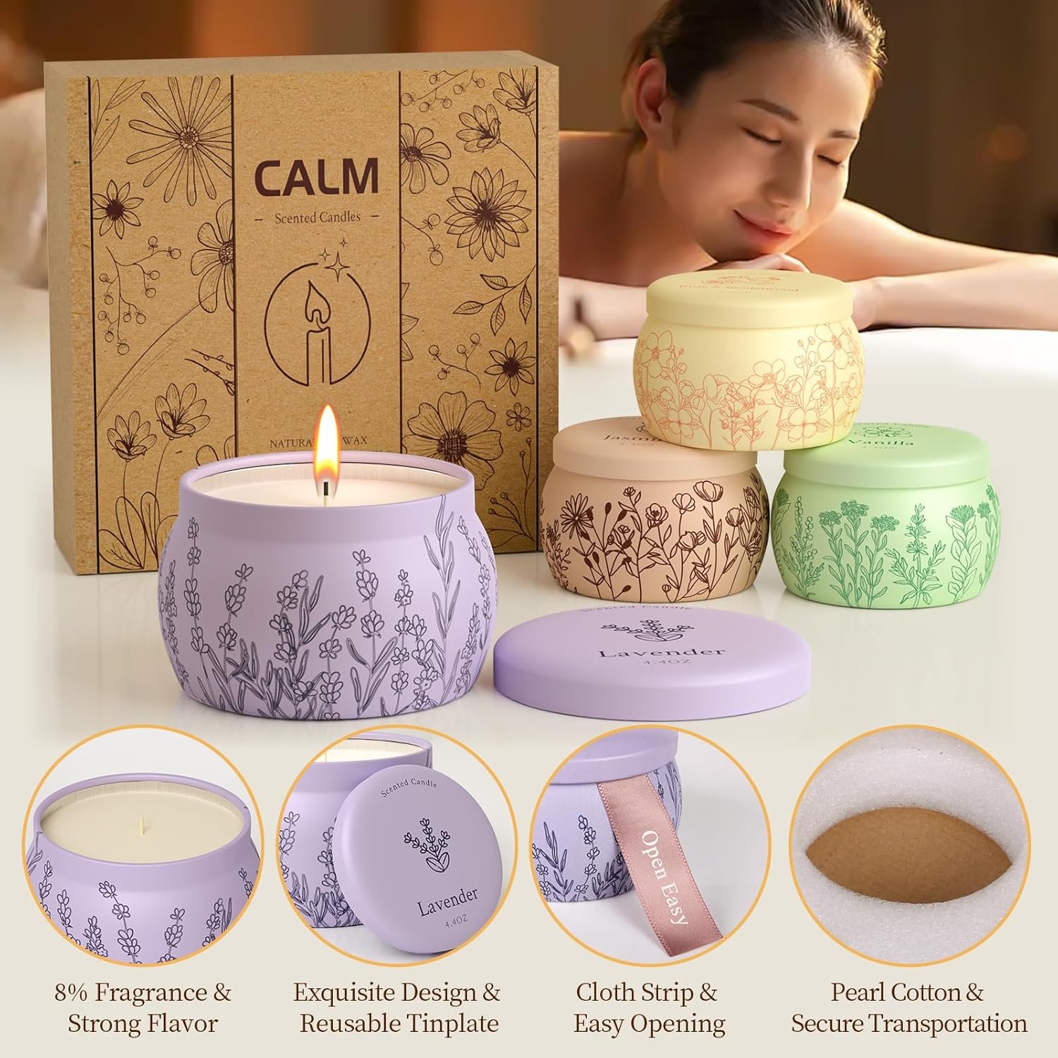 WarmEmbrace Scented Candles, 17.6oz Christmas Candles Presents for Mom Women Men, Candle Set, 120H Burning, Soy Candles for Home Scented, Lavender | Vanilla | Rose & Sandalwood | Jasmine - 4 Pack - Image 5