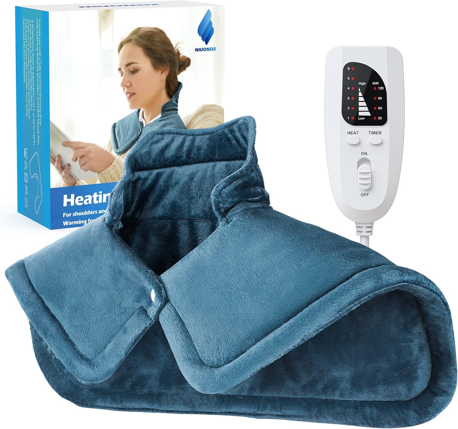 Heating Pad for Neck and Shoulders, NIUONSIX Christmas Gifts for Women Mom Wife Men Dad, Weighted Electric Heating Pad for Back Pain Relief 6 Heat Settings 4 Timers Auto Off, Blue - Image 2