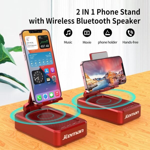 JTEMAN Portable Wireless Bluetooth Speakers with Phone Stand,Gifts for Women and Men,Birthday Christmas for Women Men,Kitchen Gadgets for Men,Compatible for iPhone/Samsung/Mini iPad - Red - Image 3