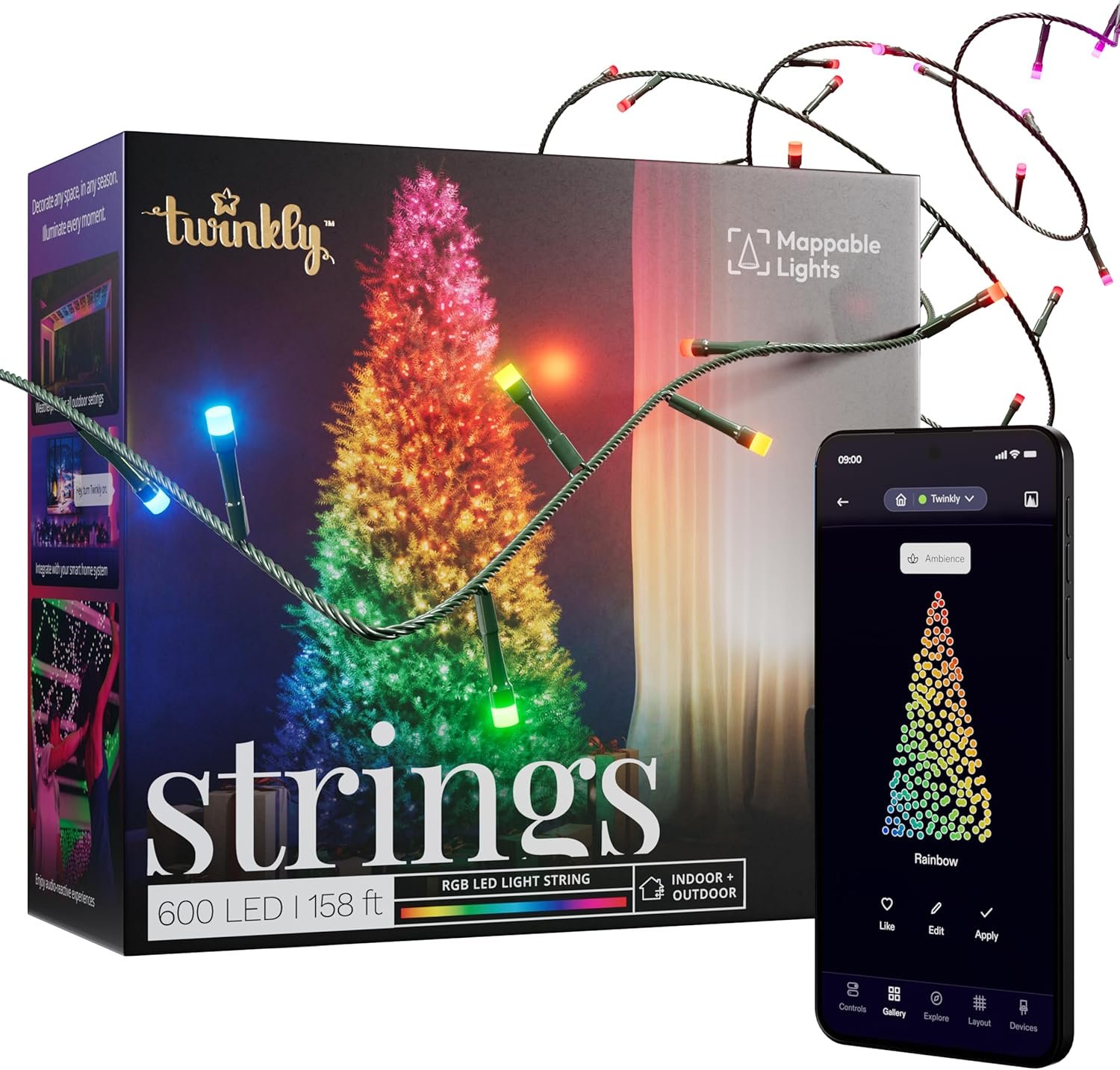 Twinkly Strings 600 LED RGB, Including White, LED Light String, Smart Multicolor LED Lights, Christmas Lights, Mappable LEDs, IP44, Green Wire, Packaging May Vary, 157.5ft - Image 2
