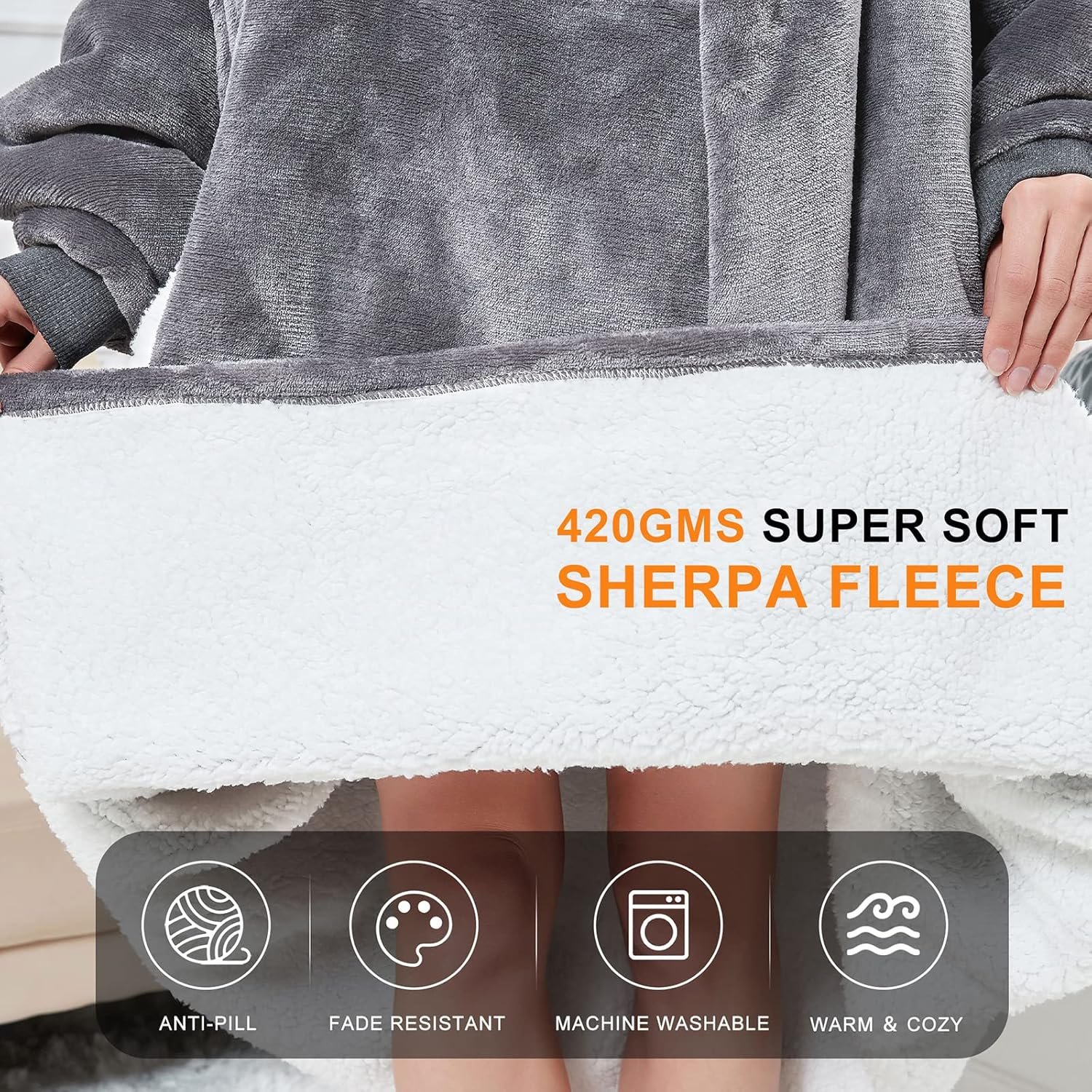 Wearable Blanket Hoodie with Giant Pocket (Pet Won't Leave) Extra Soft Sherpa Fleece Thick Warm & Cozy Oversized Sweatshirt Blanket Jacket with Sleeves Gifts for Adult Men Women - Grey - Image 6