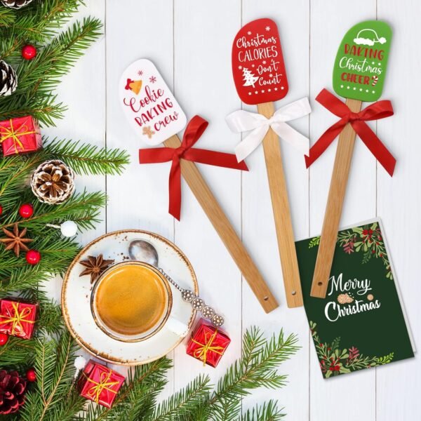 3PCS Christmas Silicone Spatula Set Decor Baking Gifts for Mom Flipping cake Food Grade Heat Resistant Kitchen Utensil Cooking Mixing Festival Wooden Handle and Ribbon Bows with greeting card present - Image 3