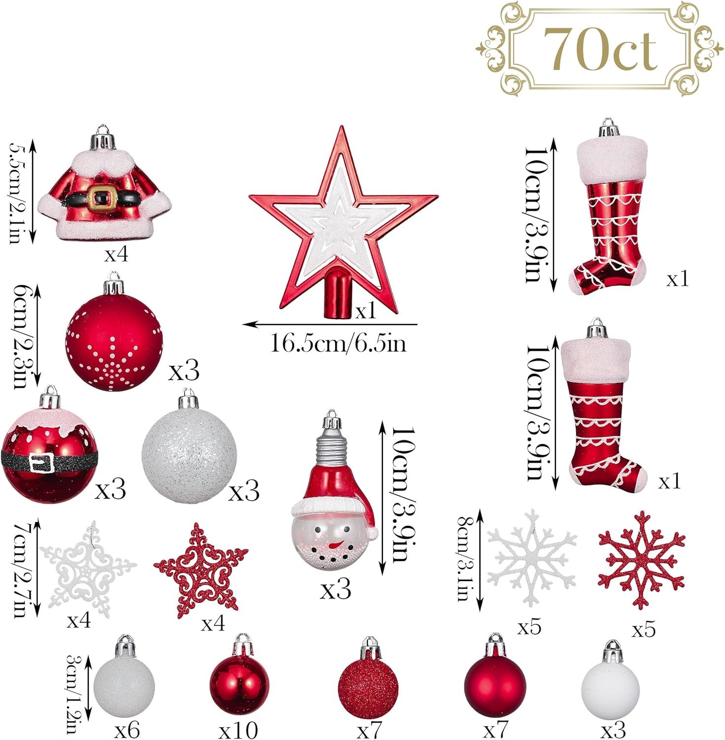 Valery Madelyn Christmas Ornaments Set, 70ct Red and White Shatterproof Christmas Tree Decorations Ball Ornaments Bulk, Traditional Decorative Hanging Ornaments for Xmas Trees Holiday Party Decor - Image 4