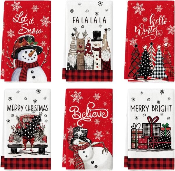 Artoid Mode Red Snowman Xmas Trees Santa Claus Truck Merry Christmas Kitchen Towels Dish Towels, 18x26 Inch Farmhouse Decoration Hand Towels Set of 6 - Image 2