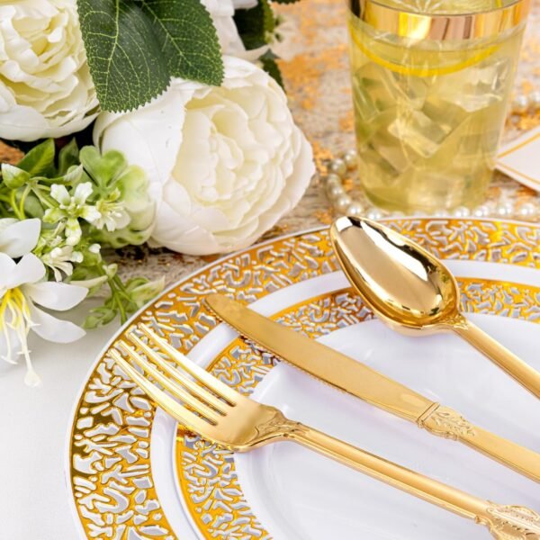 bUCLA 350PCS Gold Plastic Dinnerware Set for 50 Guests - Gold Plastic Plates Disposable for Party Include 100 Plates,50 Forks, 50 Knives, 50 Spoons,50 Cups,50 Napkins for Thanksgiving - Image 4