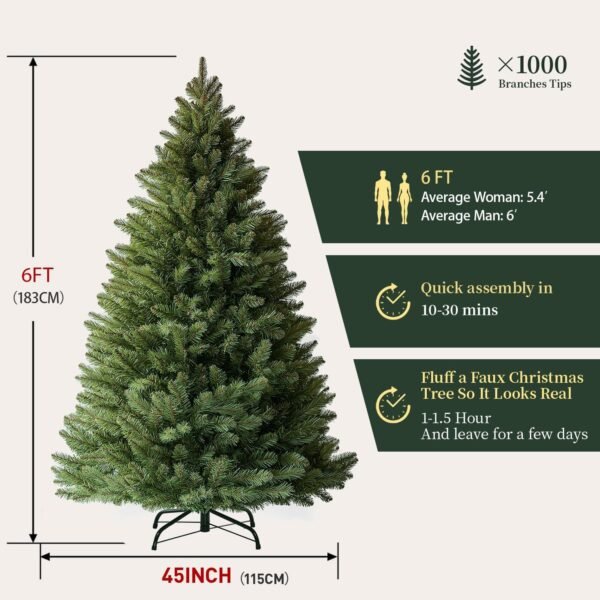 6ft Christmas Tree, Artificial Xmas Tree with 1000 Branch Tips Holiday Party Decorations 1 Minute Christmas Tree for Home Office Easy Assembly, Reusable, Metal Hinges & Foldable Base - Image 8