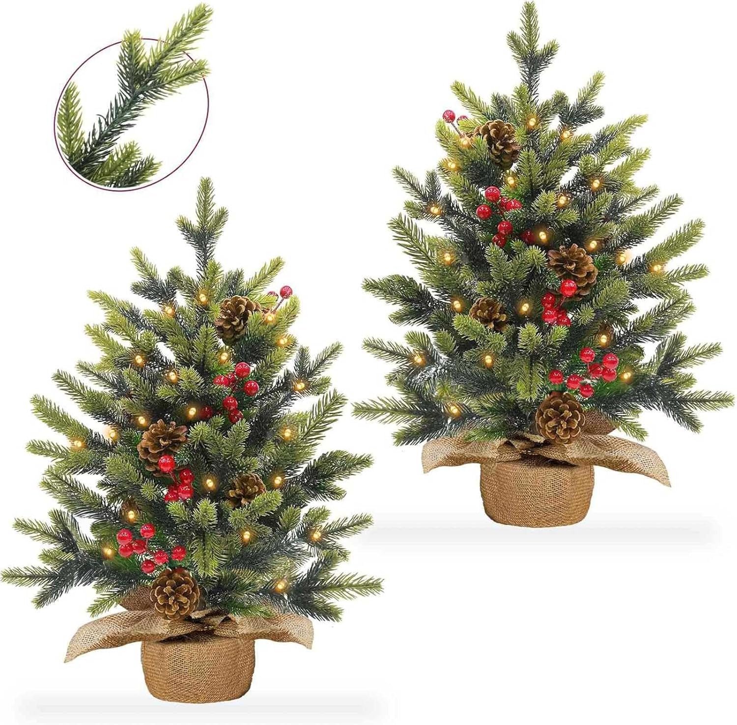 2 Pack 24 Inch Tabletop Small Christmas Trees with Lights Timer Realistic-Feel PE Pine 2 Ft Artificial Mini Christmas Tree Battery Operated Red Berries Pinecone Christmas Decoration Indoor Xmas - Image 2