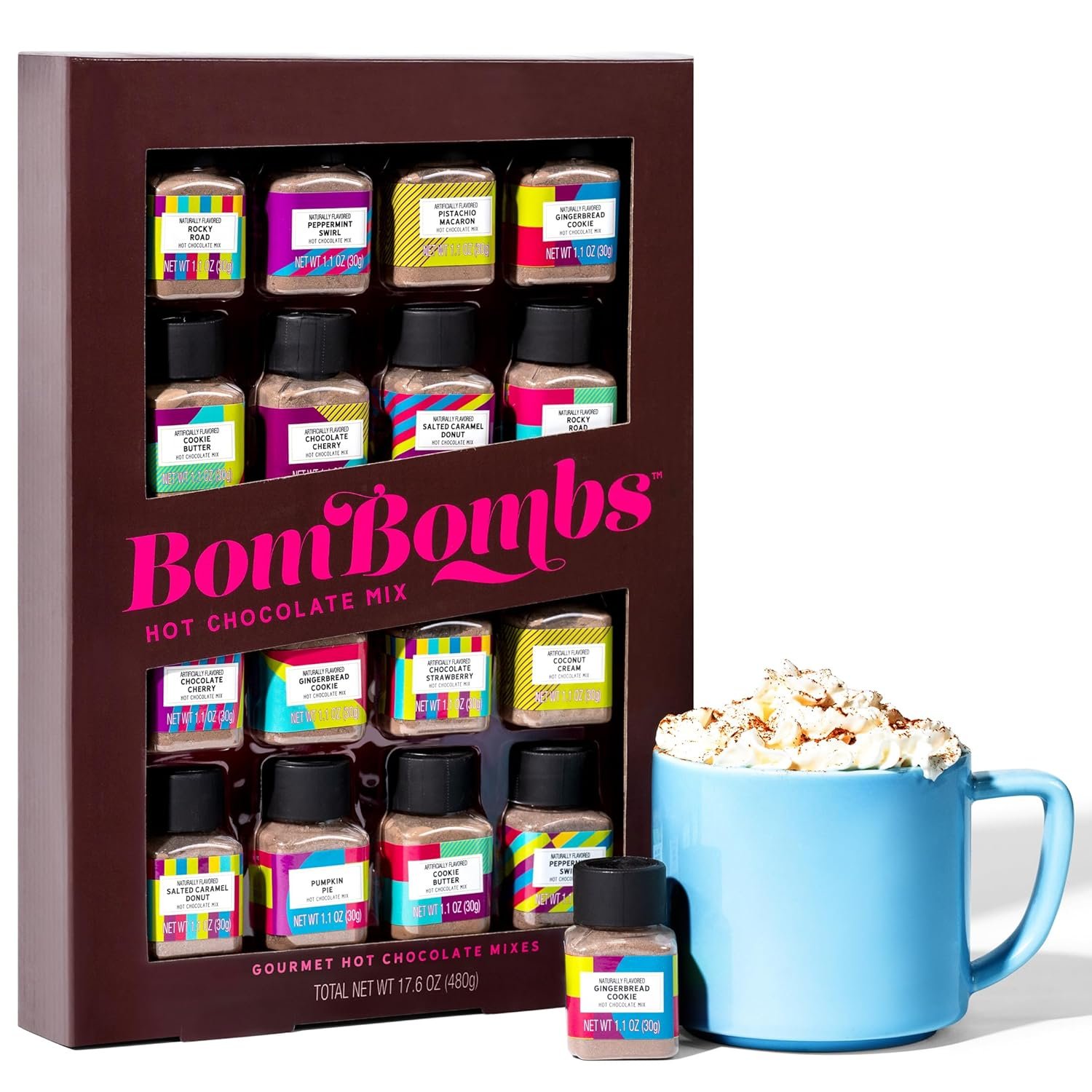 BomBombs, Hot Chocolate Mix Gift Set in Mini Bottles, Flavors Include Rocky Road, Pumpkin Pie, Chocolate Cherry, Peppermint Swirl, Salted Caramel Donut & More, Sampler Set of 16 - Image 2