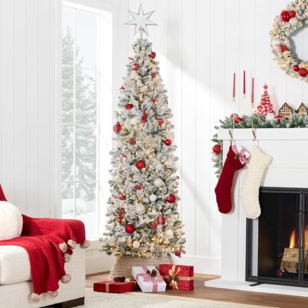 Best Choice Products Flocked Pencil Christmas Tree, Pre-Lit Slim Artificial Holiday Decoration, 6ft Lighted Skinny w/Base, Warm White Lights - Image 3