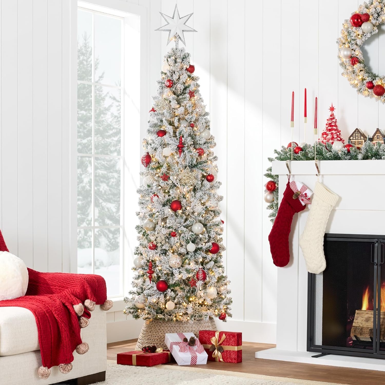 Best Choice Products Flocked Pencil Christmas Tree, Pre-Lit Slim Artificial Holiday Decoration, 6ft Lighted Skinny w/Base, Warm White Lights - Image 3